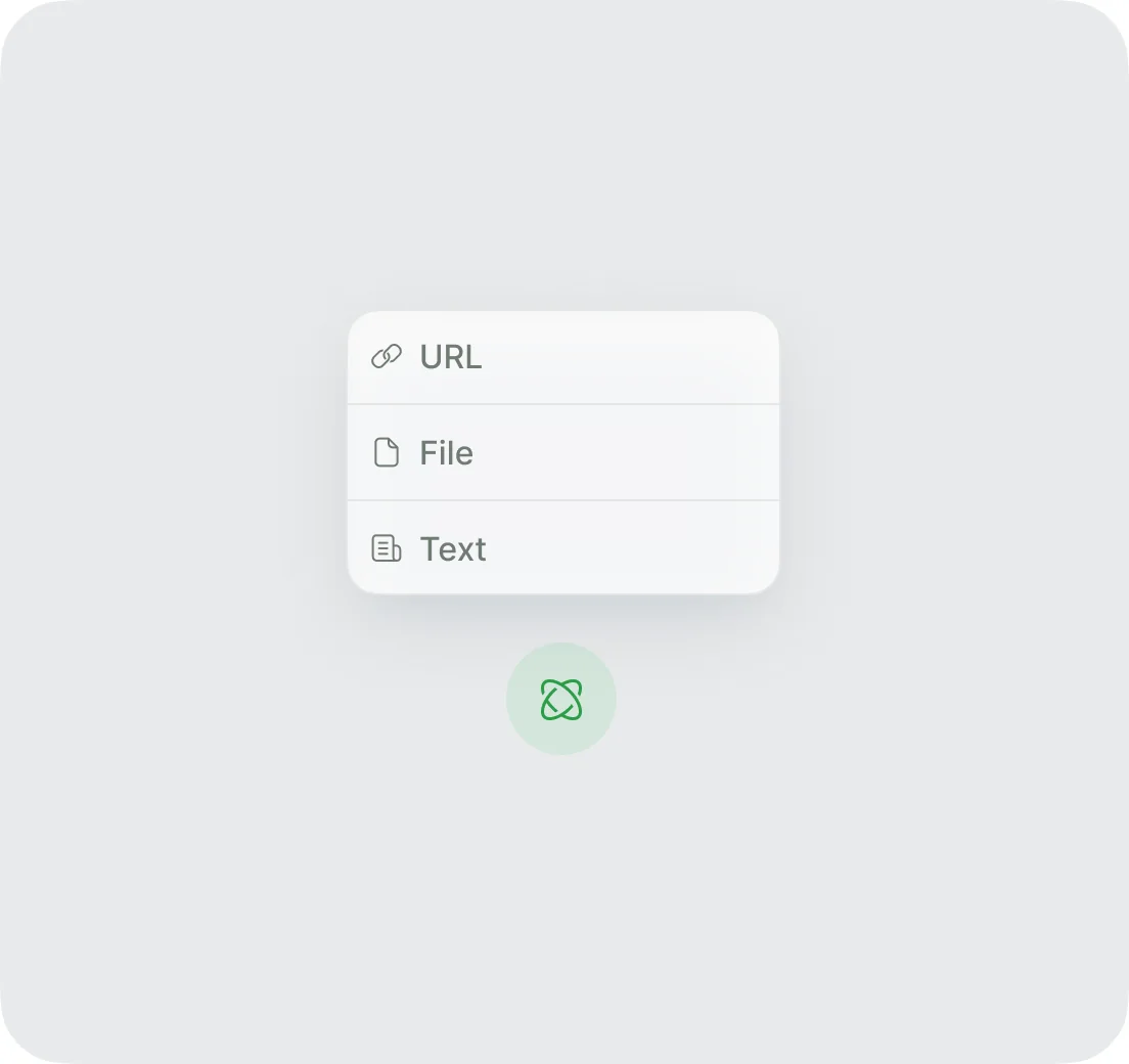 The three ways to feed the knowledge base — a URL, a file, or pasted text