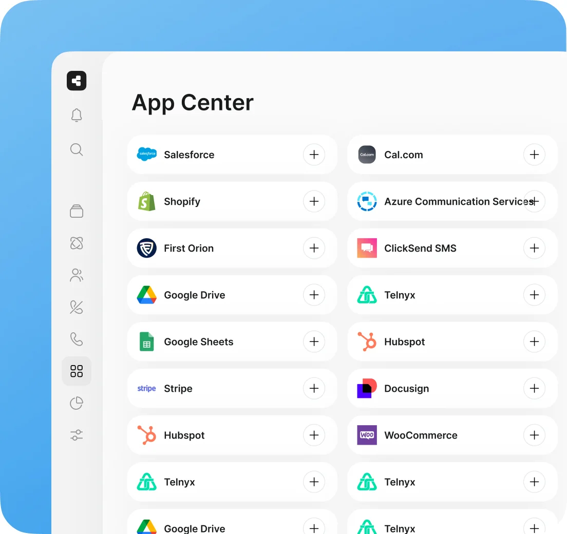 The Callers app centre listing Salesforce, Shopify, Google Drive, Stripe, HubSpot, Cal.com, Telnyx and other native integrations