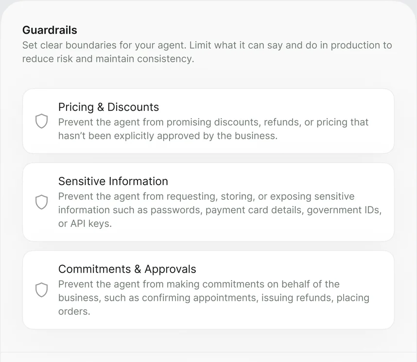 A guardrails panel: rules limiting what an agent may promise, store or commit to