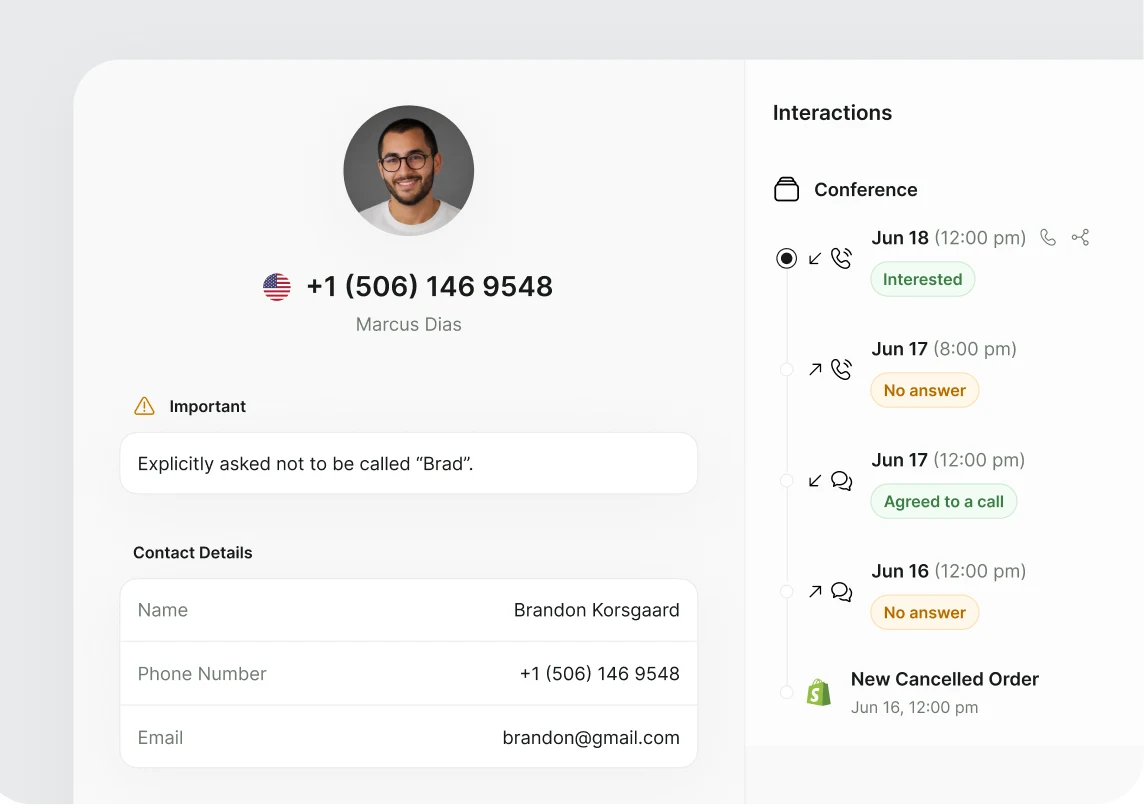 A customer profile with contact details, a do-not-call note and a timeline of interactions
