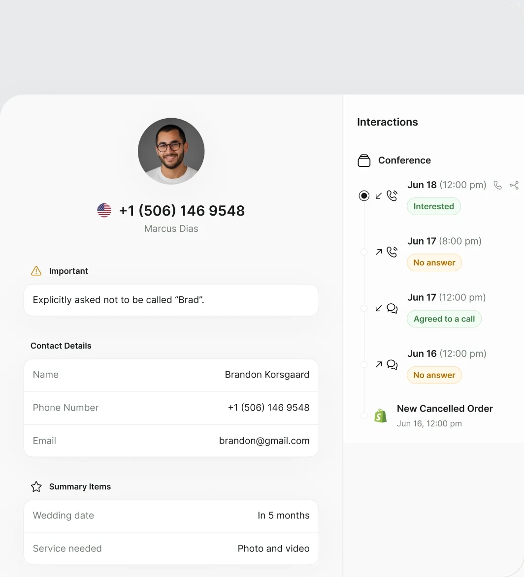 Customer profile with contact details, summary items and a timeline of interactions